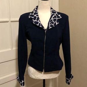 Vintage Navy Blazer with Animal Print Cuffs/ Colar